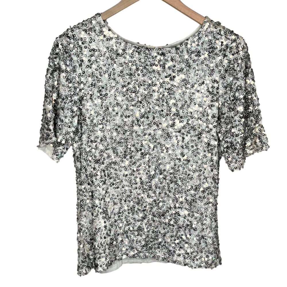 L.K. Bennett Black Ribbon Collection Silver Sequin Top Size 8